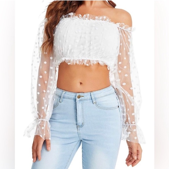 OFF SHOULDER White Felt Polka Dot Sheer Mesh Bell Sleeve Crop Top XS 0 2 - Picture 2 of 5